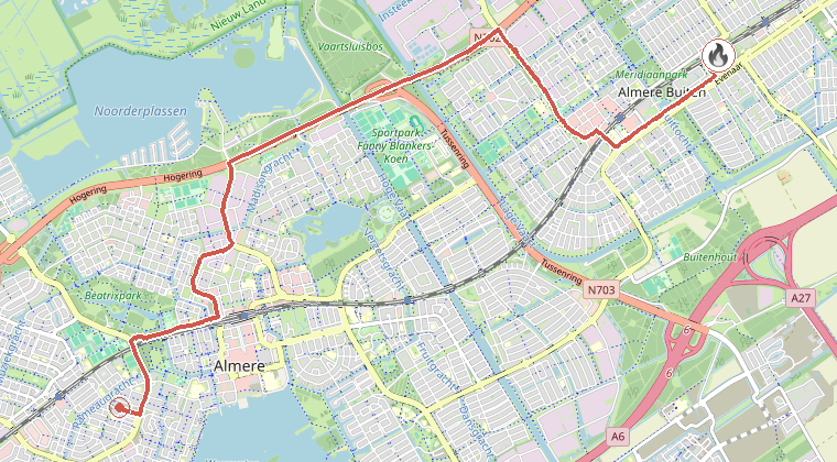 Kaart van de omgeving van de melding, met de kazerne die is gealarmeerd