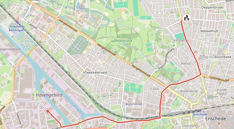 Kaart van de omgeving van de melding, met de kazerne die is gealarmeerd