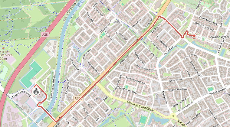 Kaart van de omgeving van de melding, met de kazerne die is gealarmeerd