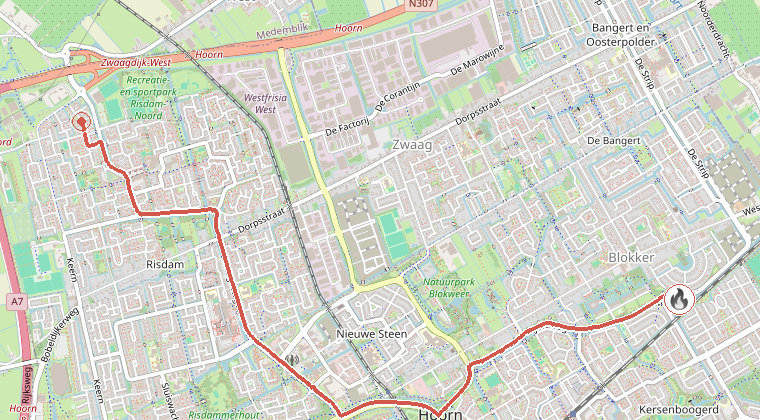 Kaart van de omgeving van de melding, met de kazerne die is gealarmeerd