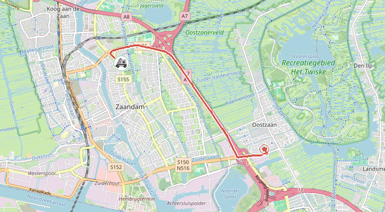 Kaart van de omgeving van de melding, met de kazerne die is gealarmeerd