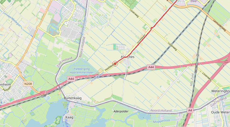 Kaart van de omgeving van de melding, met de kazerne die is gealarmeerd