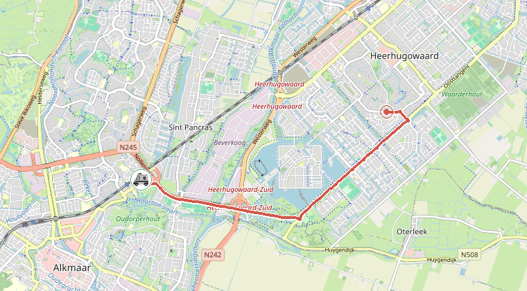 Kaart van de omgeving van de melding, met de kazerne die is gealarmeerd