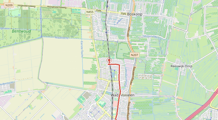 Kaart van de omgeving van de melding, met de kazerne die is gealarmeerd