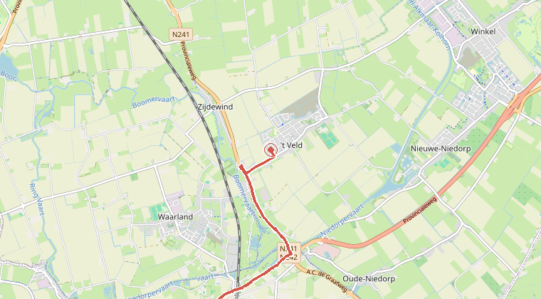 Kaart van de omgeving van de melding, met de kazerne die is gealarmeerd