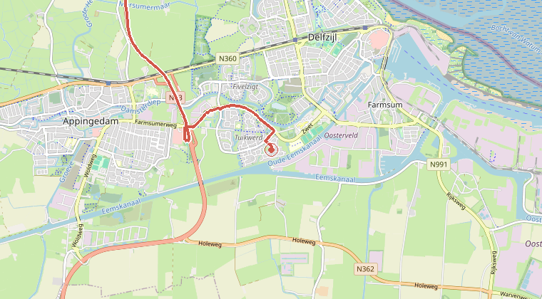 Kaart van de omgeving van de melding, met de kazerne die is gealarmeerd