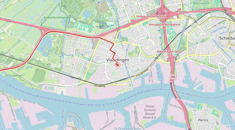 Kaart van de omgeving van de melding, met de kazerne die is gealarmeerd