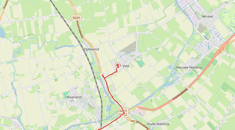Kaart van de omgeving van de melding, met de kazerne die is gealarmeerd