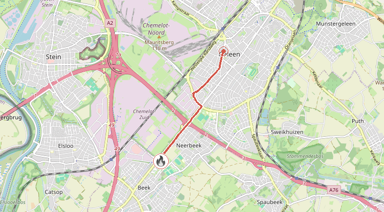 Kaart van de omgeving van de melding, met de kazerne die is gealarmeerd