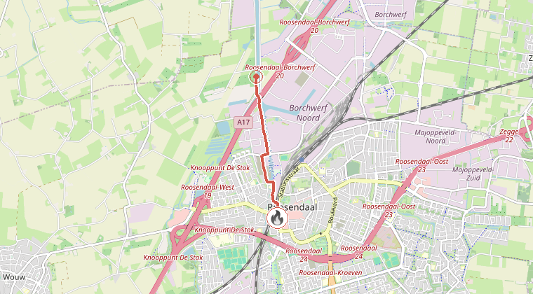 Kaart van de omgeving van de melding, met de kazerne die is gealarmeerd