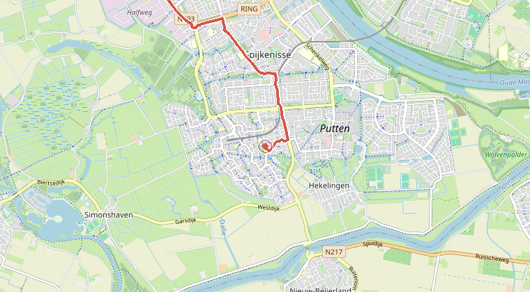 Kaart van de omgeving van de melding, met de kazerne die is gealarmeerd