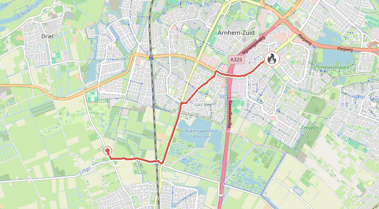 Kaart van de omgeving van de melding, met de kazerne die is gealarmeerd