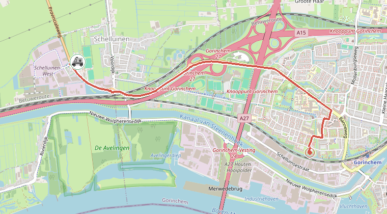 Kaart van de omgeving van de melding, met de kazerne die is gealarmeerd