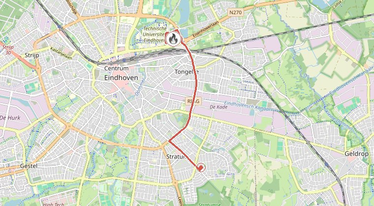 Kaart van de omgeving van de melding, met de kazerne die is gealarmeerd