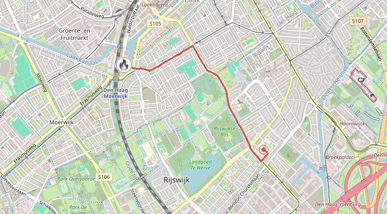 Kaart van de omgeving van de melding, met de kazerne die is gealarmeerd