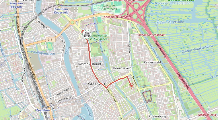 Kaart van de omgeving van de melding, met de kazerne die is gealarmeerd