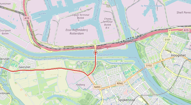 Kaart van de omgeving van de melding, met de kazerne die is gealarmeerd