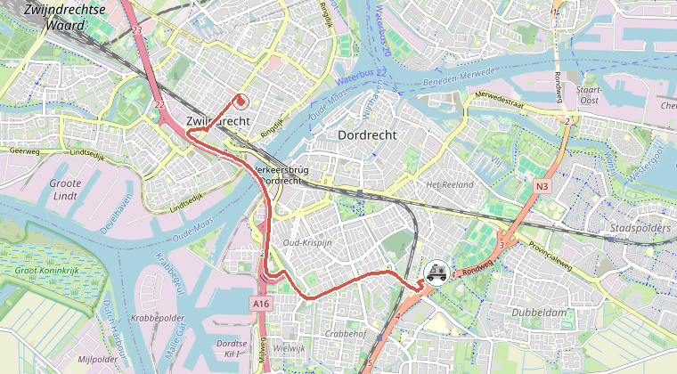 Kaart van de omgeving van de melding, met de kazerne die is gealarmeerd