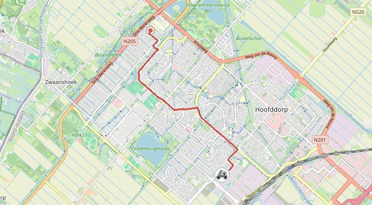 Kaart van de omgeving van de melding, met de kazerne die is gealarmeerd