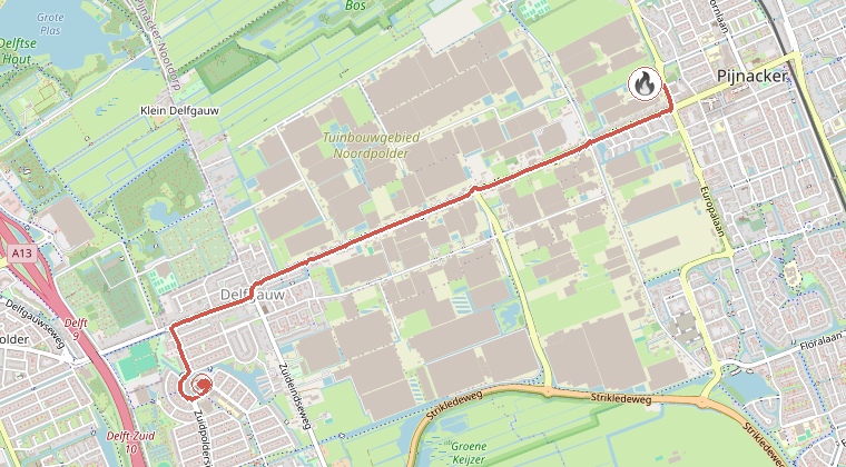 Kaart van de omgeving van de melding, met de kazerne die is gealarmeerd