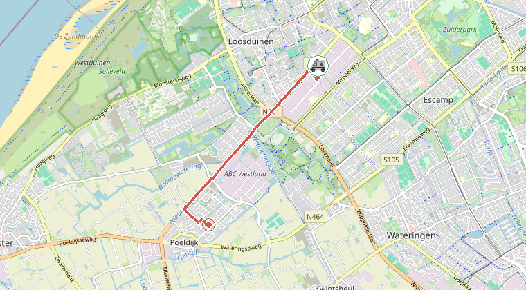 Kaart van de omgeving van de melding, met de kazerne die is gealarmeerd