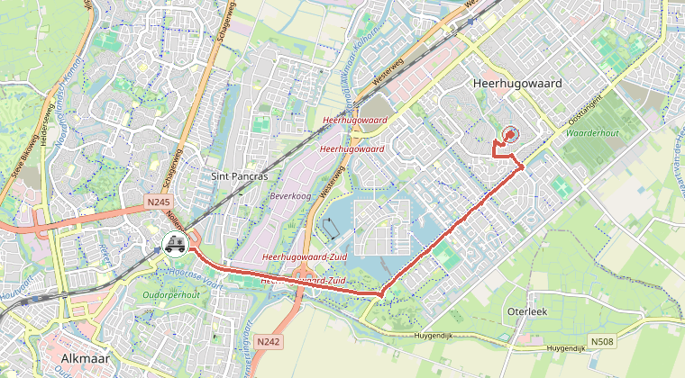 Kaart van de omgeving van de melding, met de kazerne die is gealarmeerd