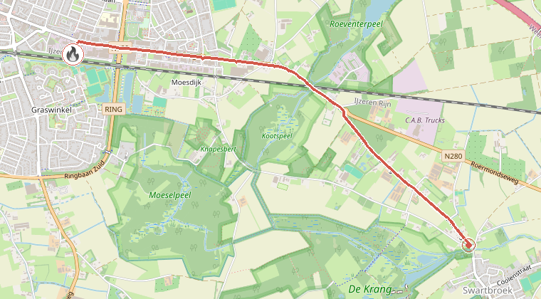 Kaart van de omgeving van de melding, met de kazerne die is gealarmeerd