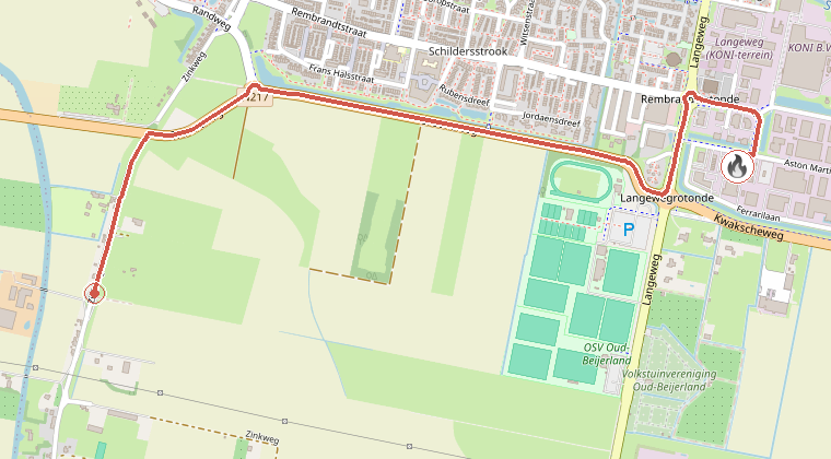 Kaart van de omgeving van de melding, met de kazerne die is gealarmeerd