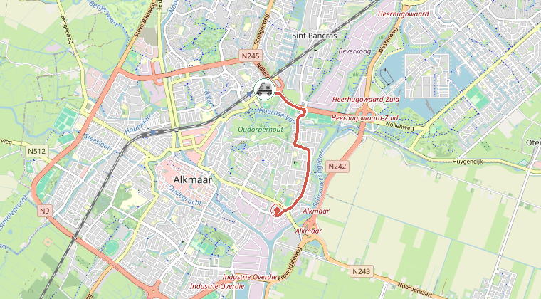 Kaart van de omgeving van de melding, met de kazerne die is gealarmeerd