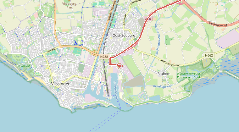 Kaart van de omgeving van de melding, met de kazerne die is gealarmeerd