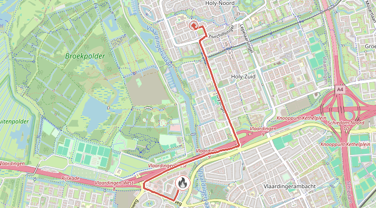 Kaart van de omgeving van de melding, met de kazerne die is gealarmeerd