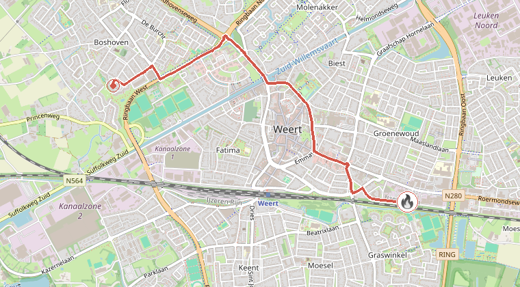 Kaart van de omgeving van de melding, met de kazerne die is gealarmeerd