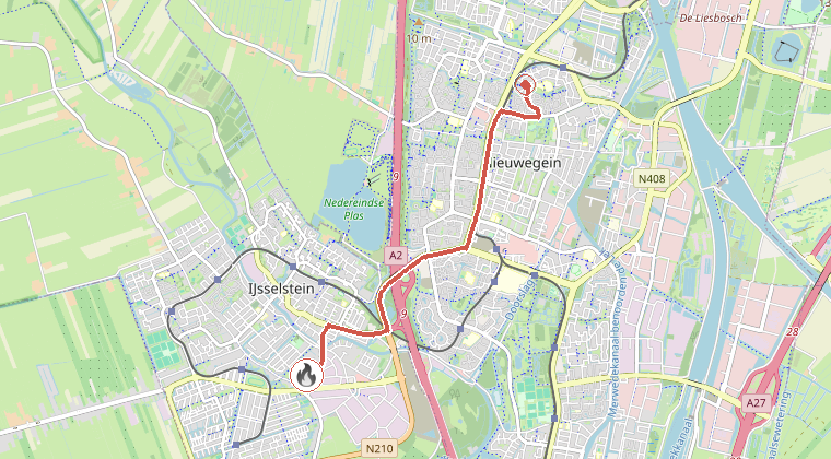 Kaart van de omgeving van de melding, met de kazerne die is gealarmeerd