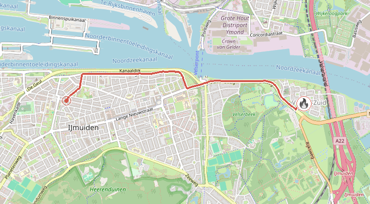 Kaart van de omgeving van de melding, met de kazerne die is gealarmeerd