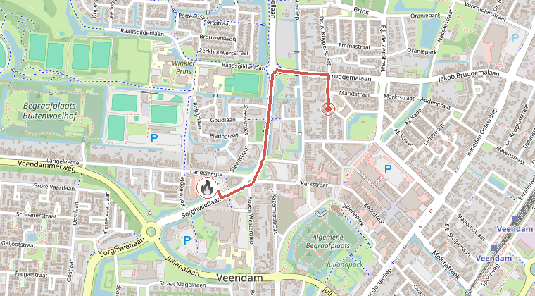 Kaart van de omgeving van de melding, met de kazerne die is gealarmeerd