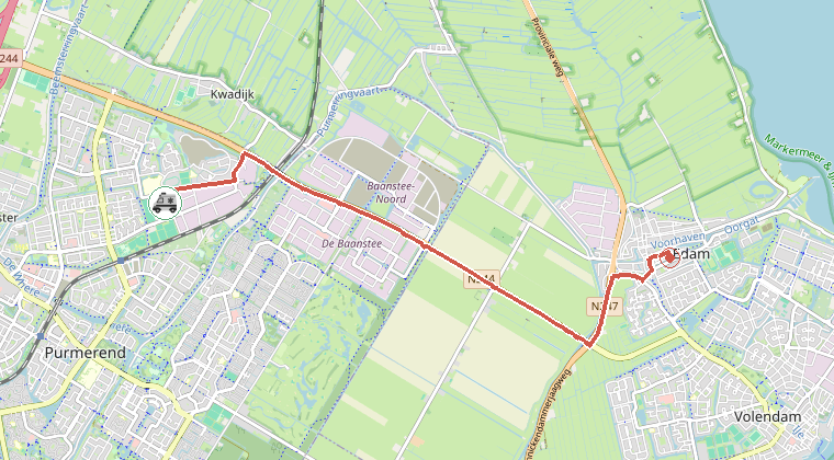 Kaart van de omgeving van de melding, met de kazerne die is gealarmeerd