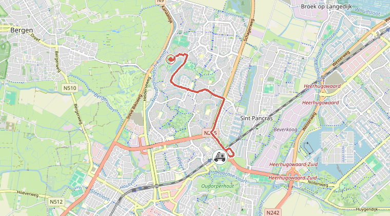 Kaart van de omgeving van de melding, met de kazerne die is gealarmeerd