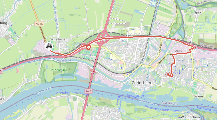 Kaart van de omgeving van de melding, met de kazerne die is gealarmeerd