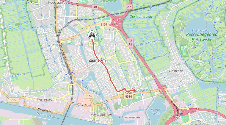 Kaart van de omgeving van de melding, met de kazerne die is gealarmeerd