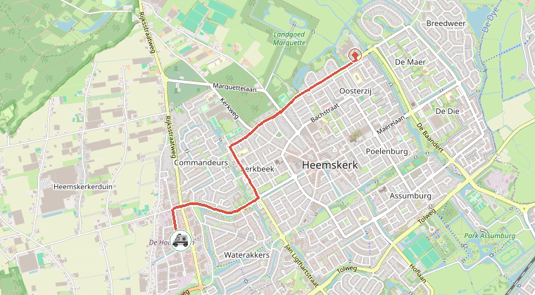 Kaart van de omgeving van de melding, met de kazerne die is gealarmeerd