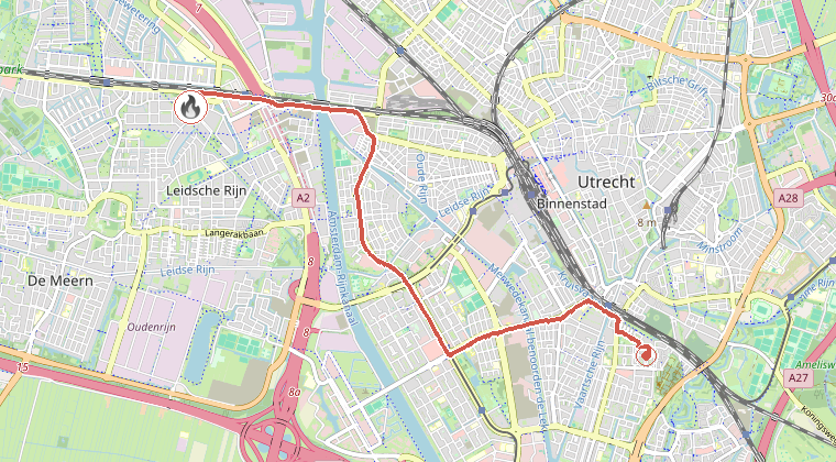 Kaart van de omgeving van de melding, met de kazerne die is gealarmeerd