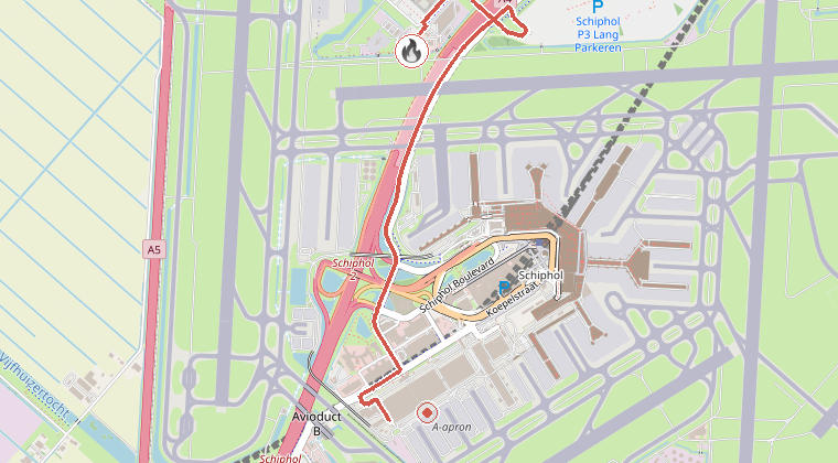 Kaart van de omgeving van de melding, met de kazerne die is gealarmeerd