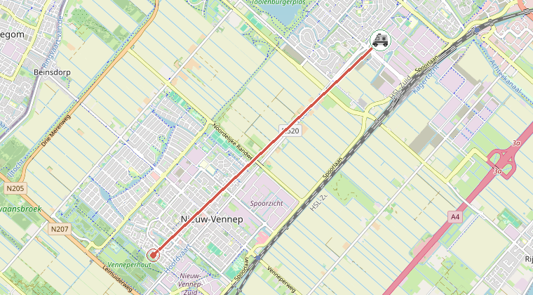 Kaart van de omgeving van de melding, met de kazerne die is gealarmeerd