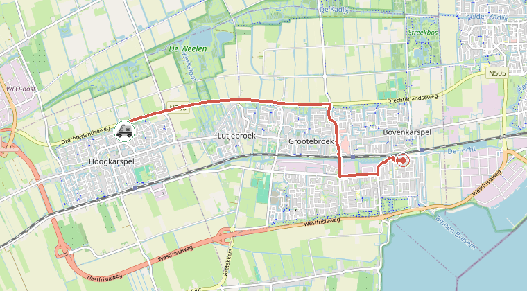 Kaart van de omgeving van de melding, met de kazerne die is gealarmeerd