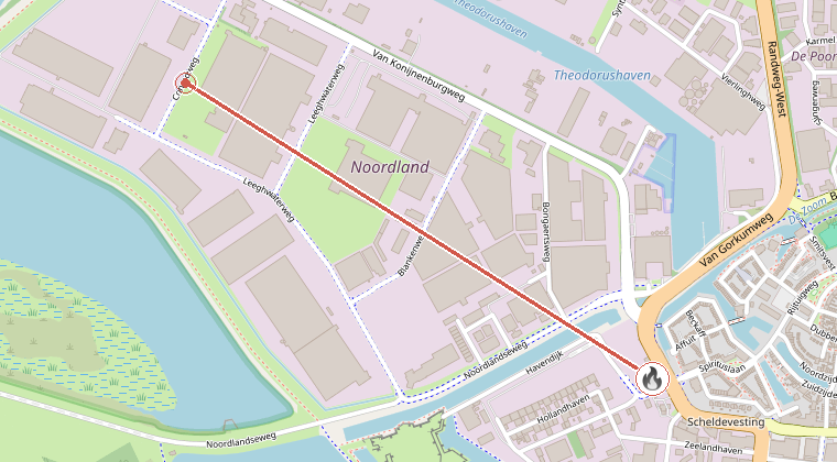 Kaart van de omgeving van de melding, met de kazerne die is gealarmeerd
