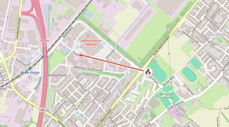 Kaart van de omgeving van de melding, met de kazerne die is gealarmeerd
