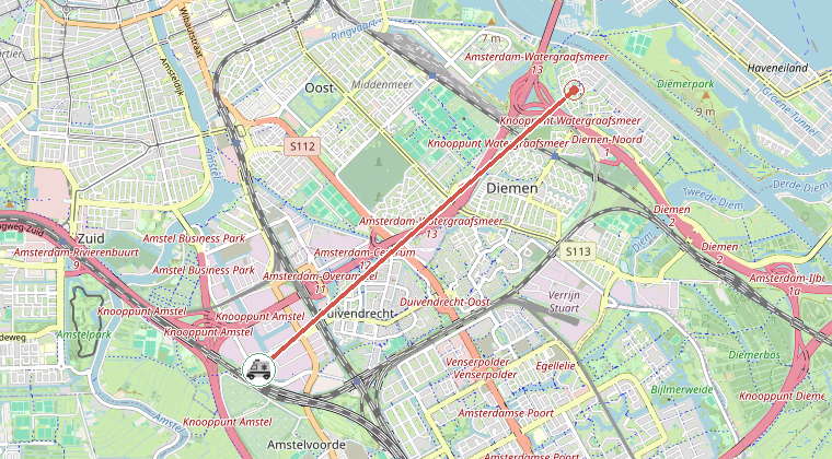 Kaart van de omgeving van de melding, met de kazerne die is gealarmeerd