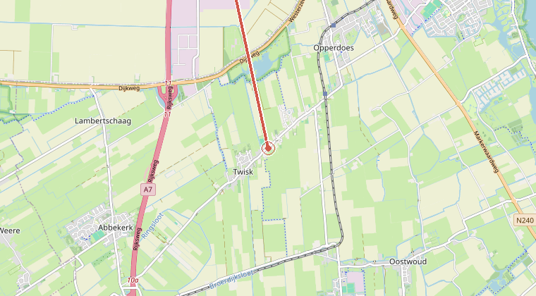 Kaart van de omgeving van de melding, met de kazerne die is gealarmeerd