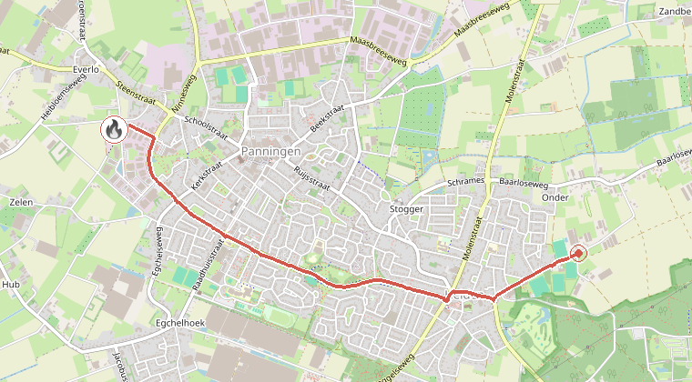 Kaart van de omgeving van de melding, met de kazerne die is gealarmeerd