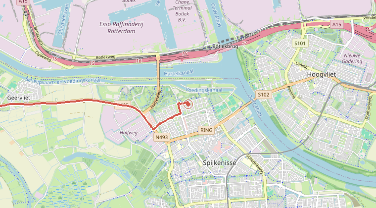 Kaart van de omgeving van de melding, met de kazerne die is gealarmeerd